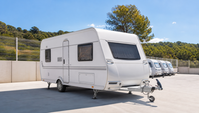 Caravana estacionada en un parking seguro y ordenado en Mallorca